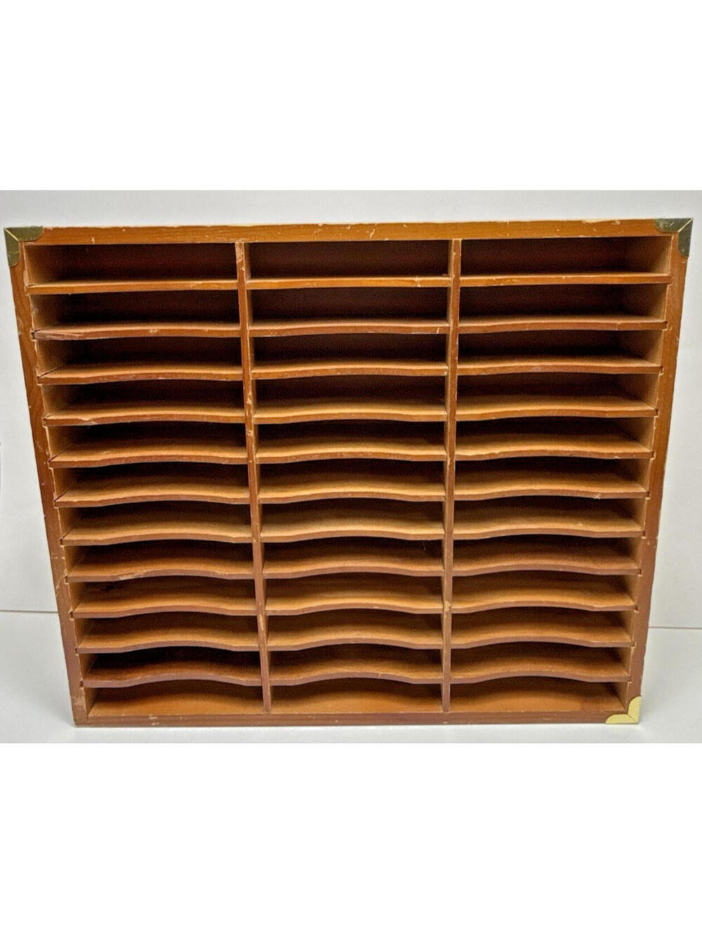 Vtg Wood Cassette Tape Storage Rack 36 Slot Holder Brass Corners Free Standing